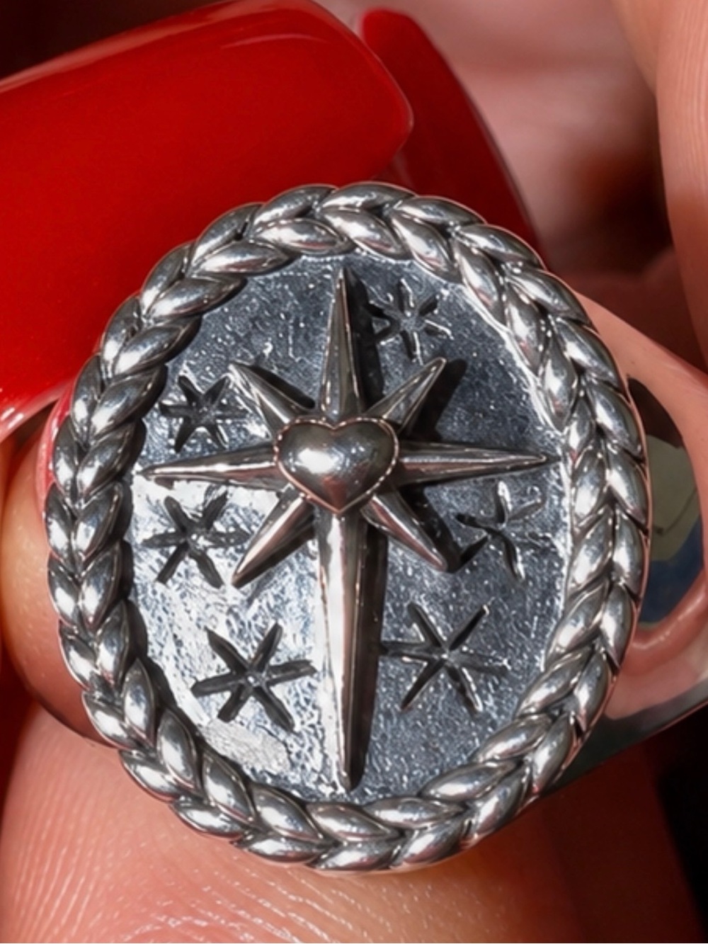 Silver Star Compass Heart Signet Ring - Men Accessories Size 9 .925 Silver